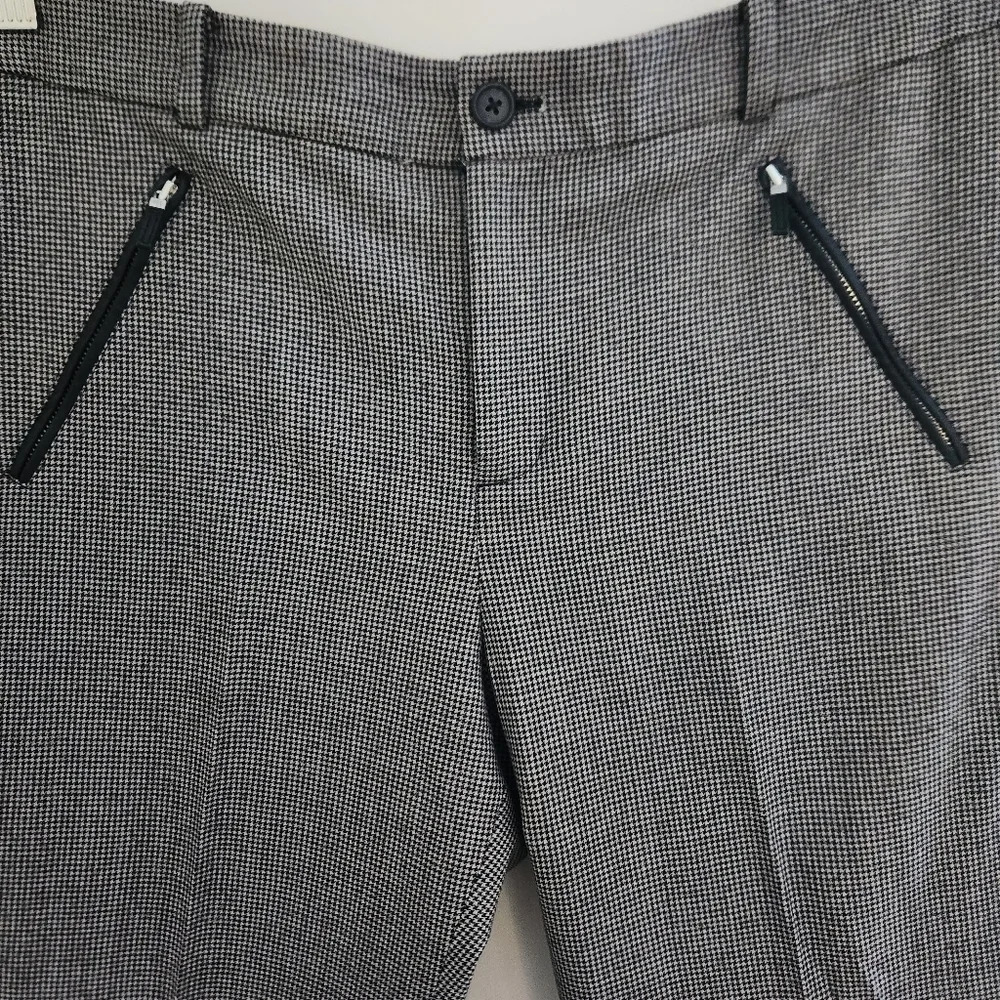 Lauren Ralph Lauren | Houndstooth Straight Leg Wool Leather Pants - Size 12 - Picture 3 of 14